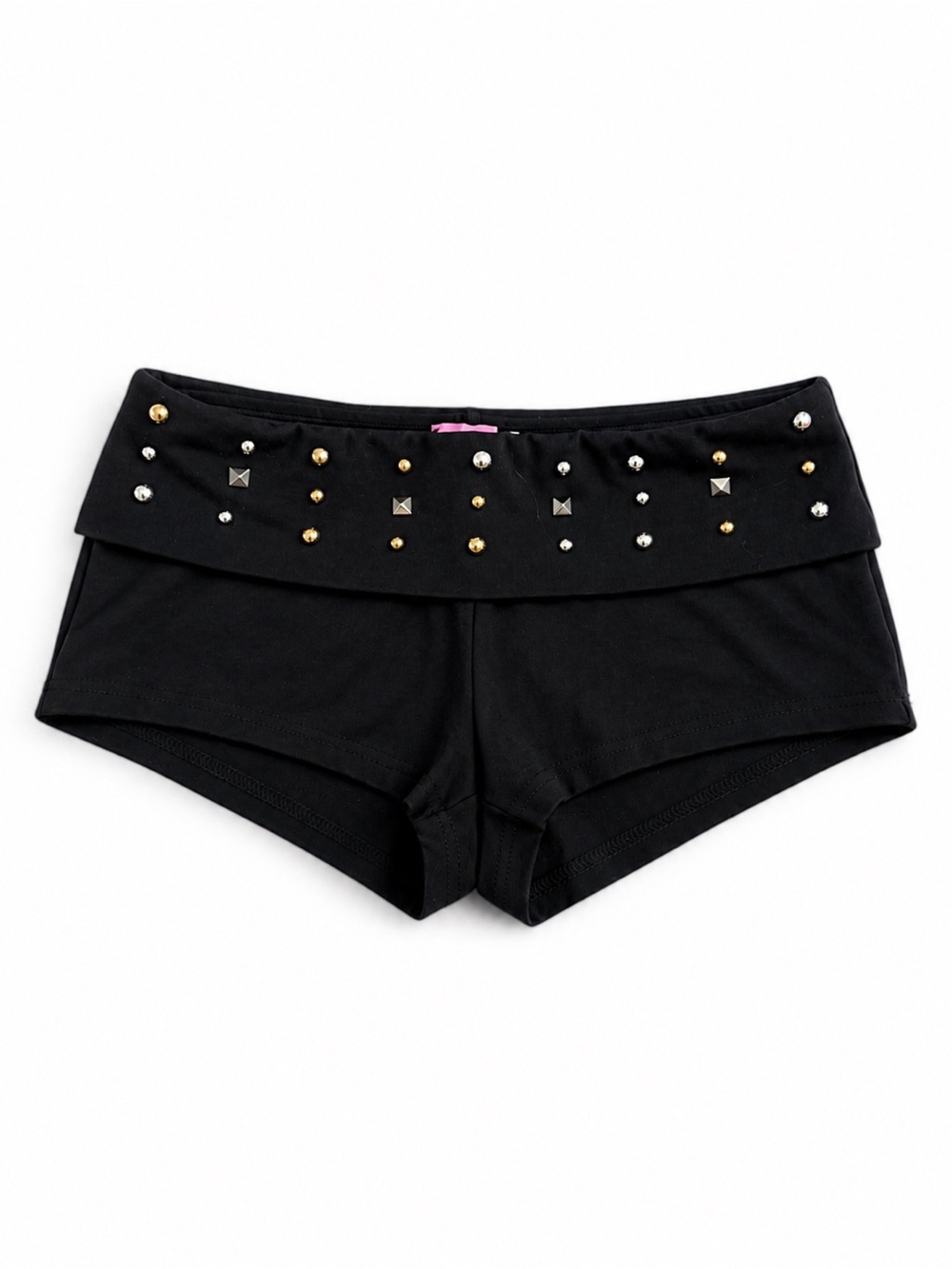 Black Studded Fold-Over Waist Womens Micro Shorts